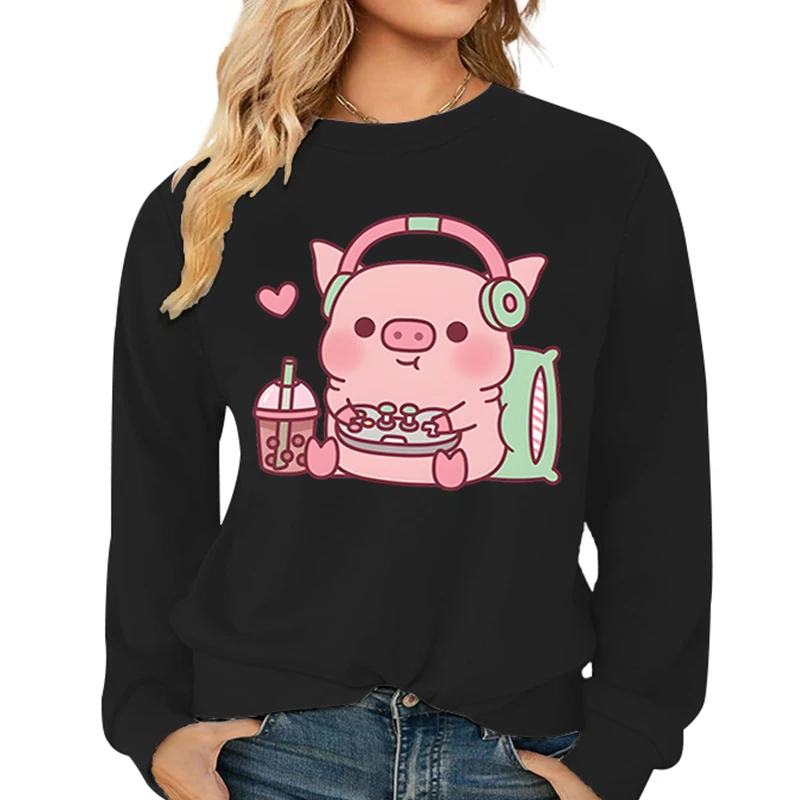 Casual Cartoon Women Sweatshirts Cute Gamer Pig Printed Hoodies Fleece Warm Pullover Street Crewneck Loose Female Y2K Tracksuit