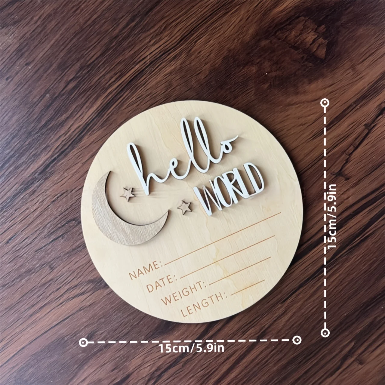 2D Flat- New Hot-Selling 2D Plane! 5.9 Inch Round Wooden 'Hello World' Birth Announcement Sign, Featuring a Moon And Stars- with