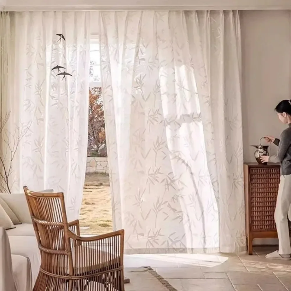 Chinese Bamboo Jacquard Velvet Gauze Curtains for Study Living Room Light-transmitting Semi-transparent Ancient Semi-blackout