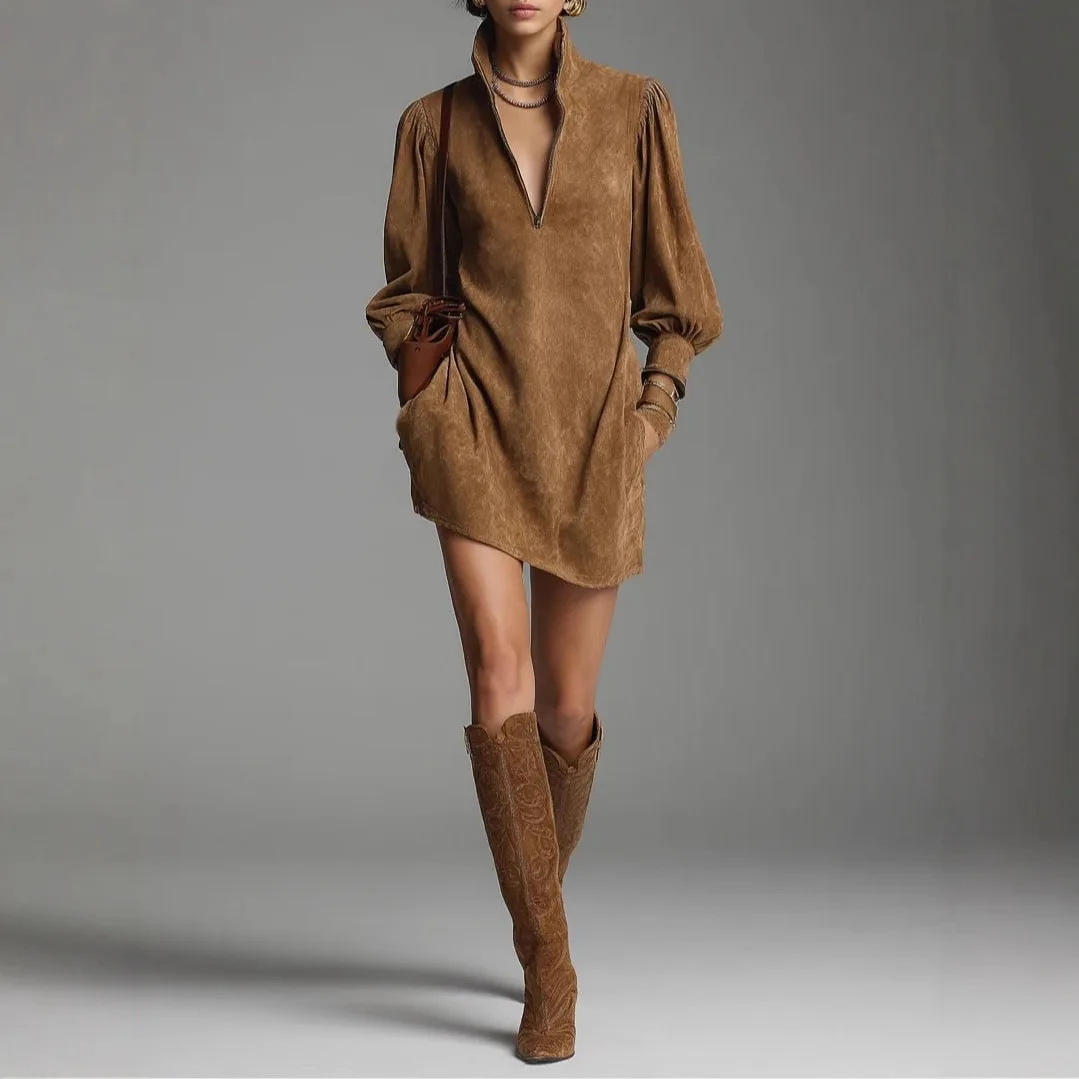 

2025 Casual Women's Solid Color V-neck Zipper Dress