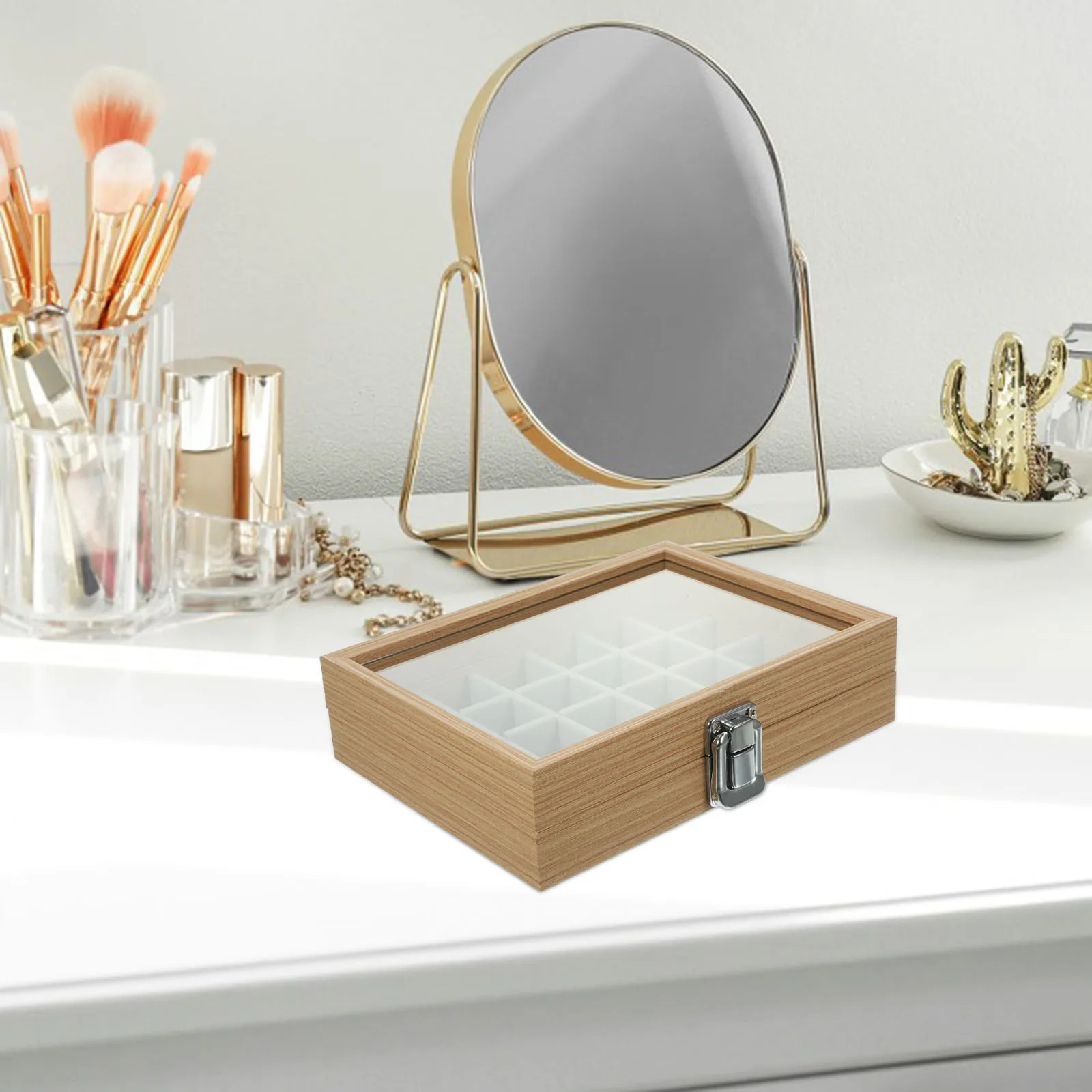 

Multi Compartment Wooden Jewelry Box with Clear Lid Storage Case for Ring Earring Organizer Vintage Style Trinket Display Box