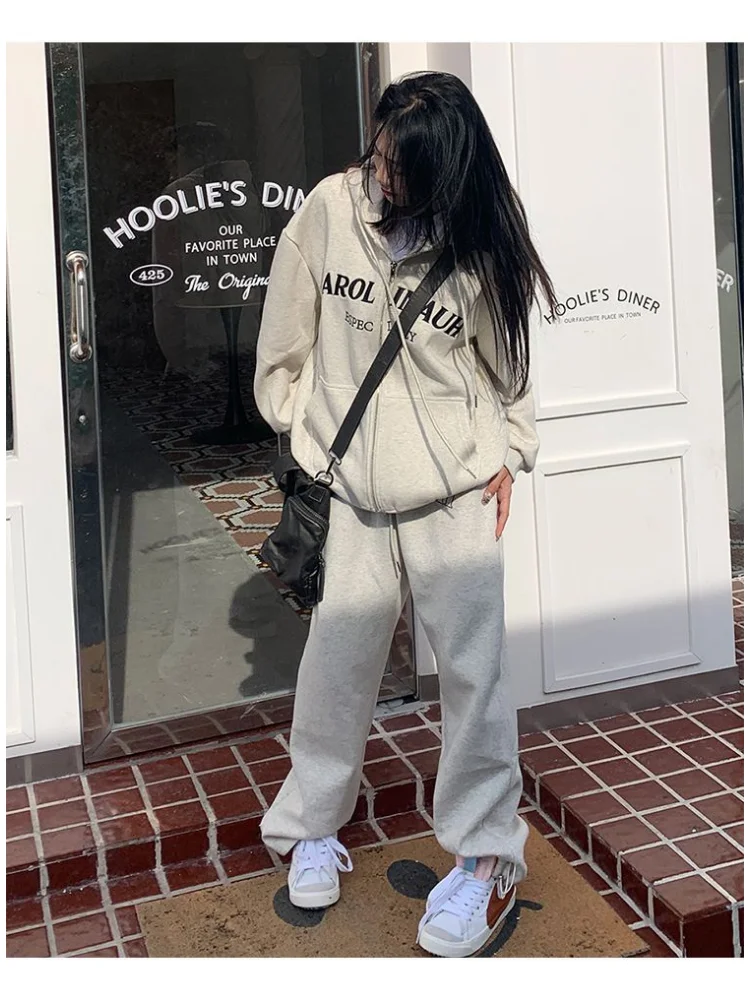 HOUZHOU Hip Hop Gray Pants Women Two Piece Sets Korean Sweatshirts Harajuku Kpop Suit Outfit Oversize Jogging Sweatpants Hoodies