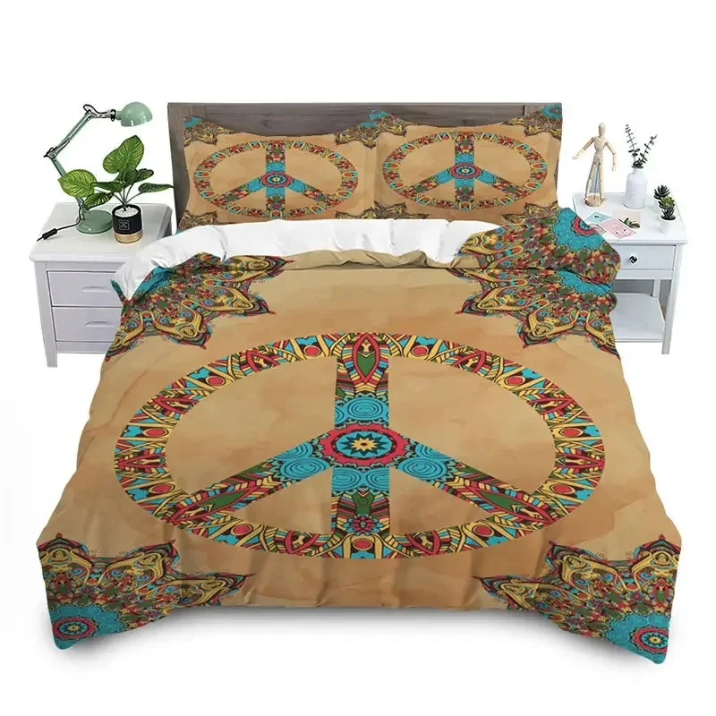 Hippie Psychedelic Peace Symbol Duvet Cover Microfiber Boho Mandala Bedding Set Marijuana Weed Leaf Comforter Cover Queen Size