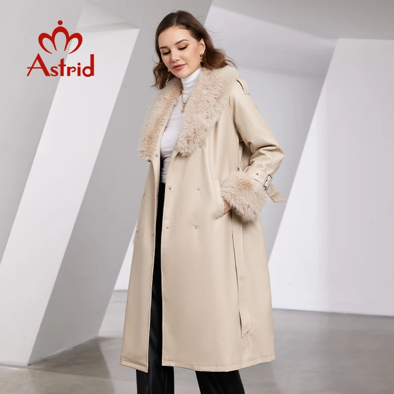 Aster D-gabardina de piel sintética para mujer, Cuello de piel de lujo con abrigo largo, cinturón de solapa, doble botonadura, chaqueta impermeable