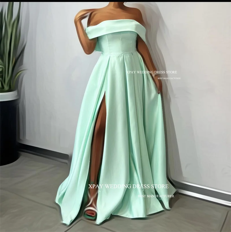 XPAY Sexy Off the Shoulder Dark Green Satin Long Prom Dresses Women Split Floor Length Vintage Formal Prom Gowns Plus Size