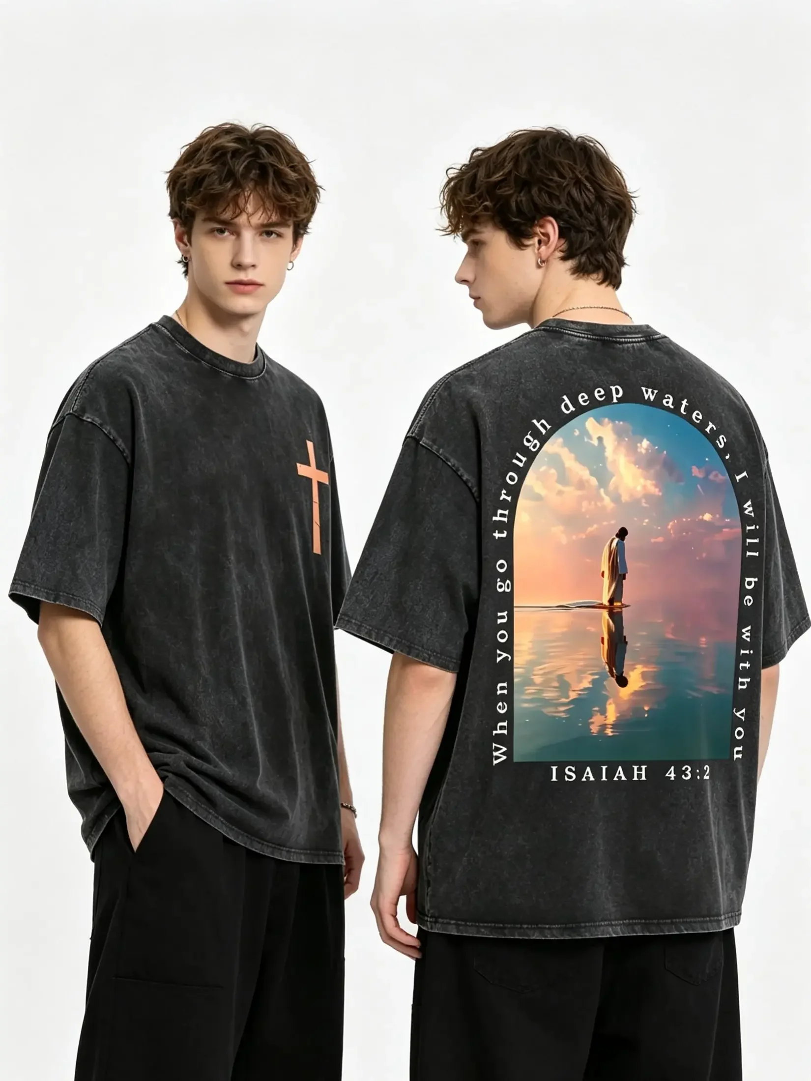 Vintage Washed Black Christian Oversized T Shirt, Isaiah 43:2 Jesus Walk On Water Cross Graphic Short Sleeve Tee Religious Faith Aesthetic Streetwear Top, Inspirational Bible Verse Religious Streetwear T-Shirt For Men