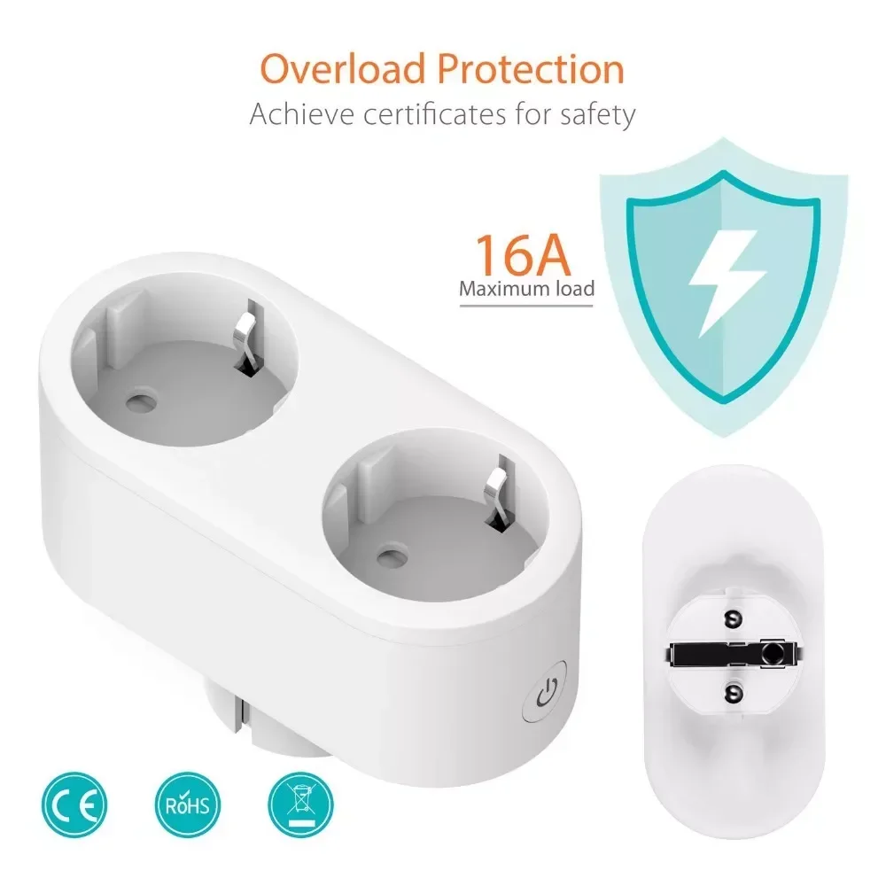 Tuya Wifi Smart Dual Socket Wireless Overload Protextion Eu Plug Switch App Monitoring Power Outlets Alexa Google Voice Control