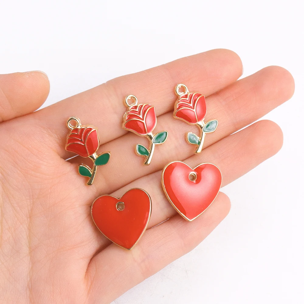 10Pcs Sweet Oil Drip Red Rose Flower Pendant For Necklace Bracelet Valentine\'s Day Earrings Charm DIY Accessories Craft Supplie
