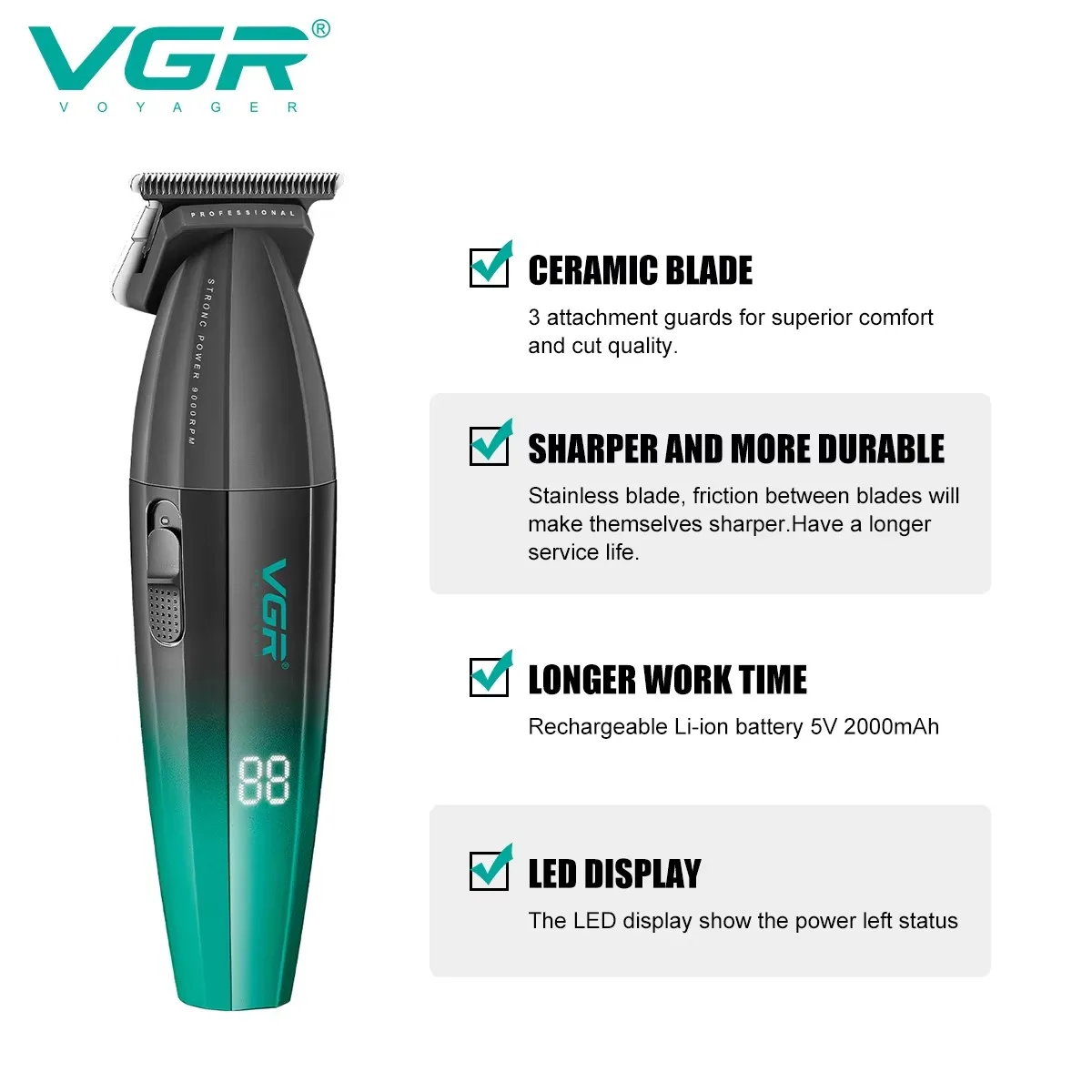 VGR Hair Clipper Professional Trimmer Barber Rechargeable Hair Cutting Machine Cordless Haircut Electric Clippers for Men V-906