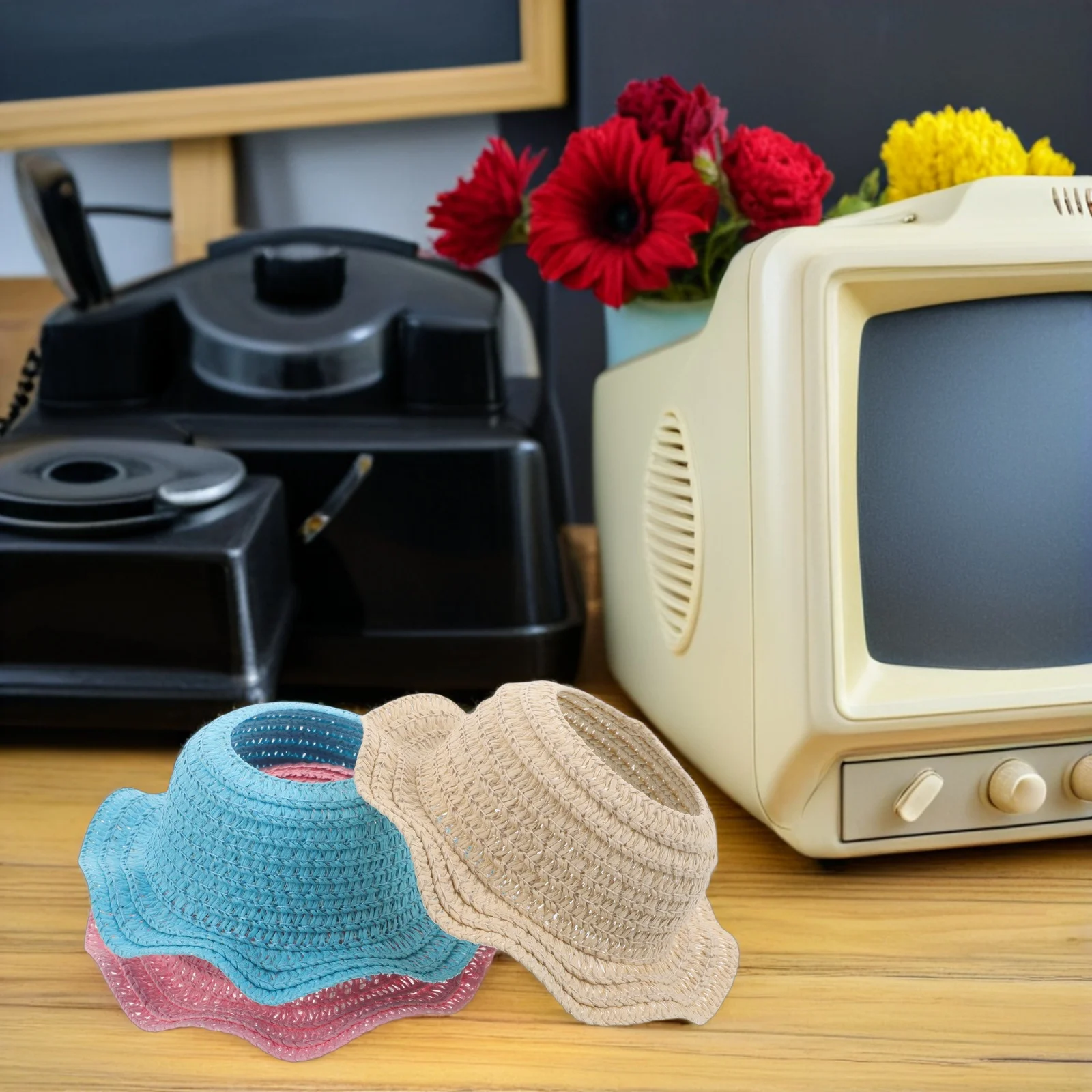 3 قطعة اليدوية الكروشيه القش قبعة خفيفة الوزن المنسوجة قبعات صغيرة للحماية من الشمس ل 17 سنتيمتر فستان مصغرة زي الاكسسوارات الحرفية