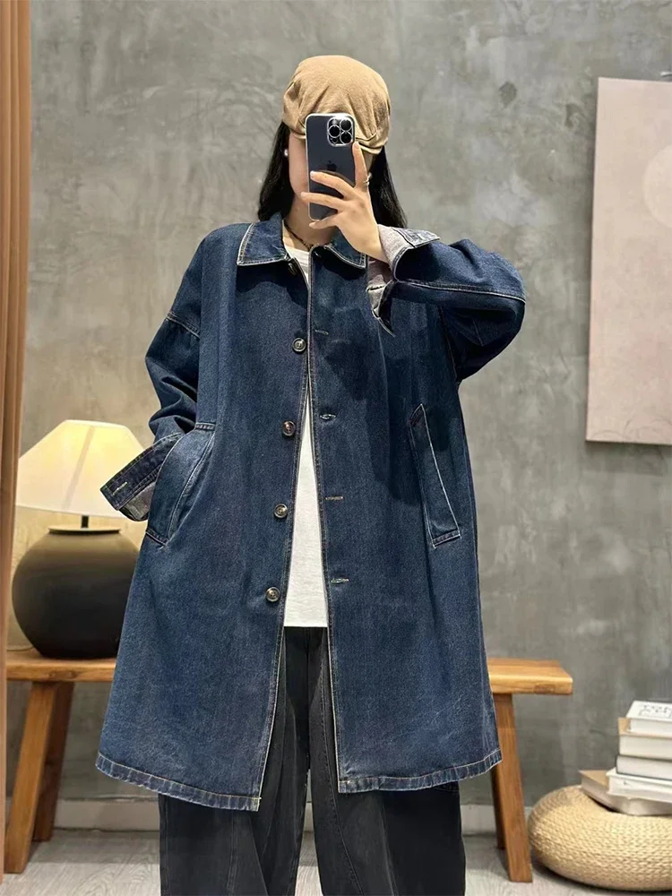 2026 Fashion Vintage Denim Trench Womens Spring Loose Classic Leisure Windbreakers Ladies Harajuku Elegant Trench Coats