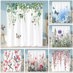 Tropical Greens Botanical Shower Curtain Floral Butterfly Washable Hanging Curtain Bathroom Shower and Tub Decor with Hooks