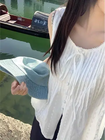 레드 한국 빈티지 프릴 밑단 조끼 스트랩 여성 여름 디자인 감각 작은 우아한 슬리밍 허리띠 탑