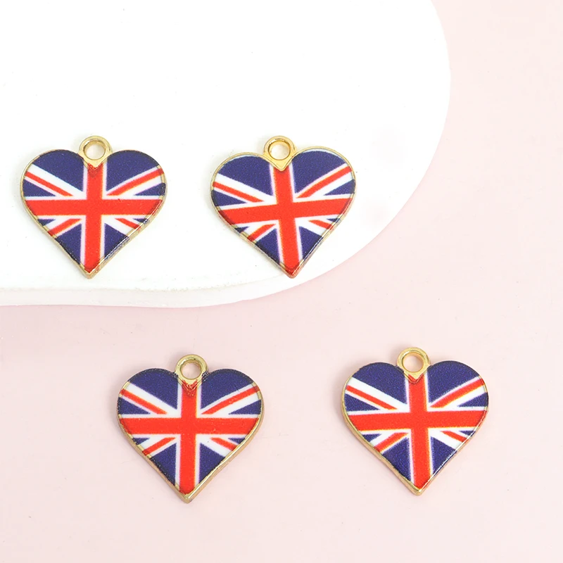 10pcs National Flag Pattern Heart Enamel Charms Jewelry DIY for Independence Day or Any Holiday Necklace Keychain Alloy Pendants