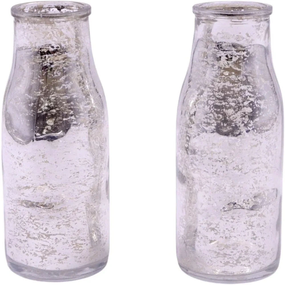طقم مكون من قطعتين، زجاجات زجاجية فضية، بطول 5.5 بوصة، مزهريات مزخرفة.
