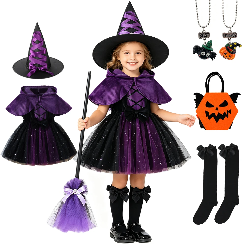 Toddler Girls Witch Costume Purple Velvet Glitter Tulle Dress with Hooded Cape Baby Ghost Outfit Trick or Treat Halloween Party