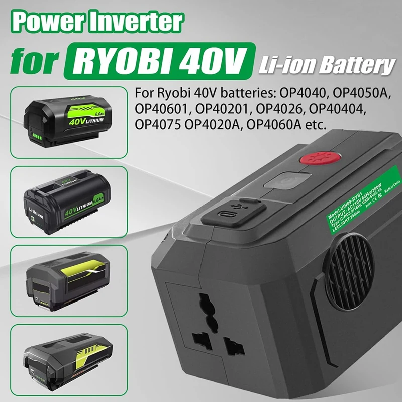 Power Inverter For Ryobi 40V Battery 200W DC 18V To AC 110V With USB Port&Type-C PD3.0 Output Port& LED Lighting US Plug