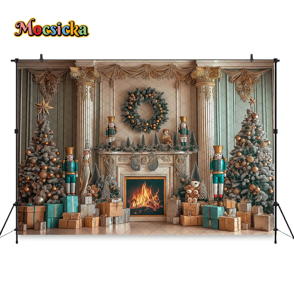 Mocsicka Ruang Natal Perapian Putih Latar Belakang Fotografi Pohon Natal Nutcracker Hadiah Mainan Latar Belakang Dinding Musim Dingin Anak Photobooth