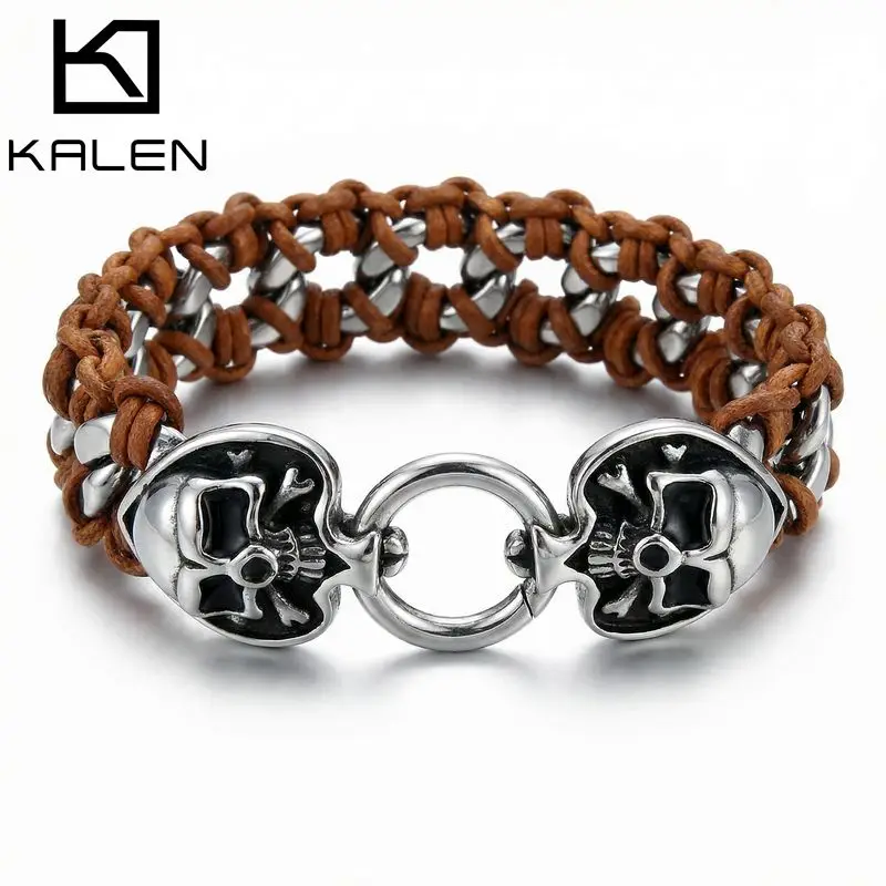 KALEN Vintage Viking Wolf Head Stainless Steel Men's Bracelet Stylish Black Spade Skull Braided Leather Bracelet Fashion Jewelry