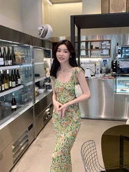 SMTA Green Women Dress Spaghetti Strap U-Neck Sexy Silk Ruffle Floral Print Sleeveless Dresses Summer 2024 Lady Sling Maxi Robe