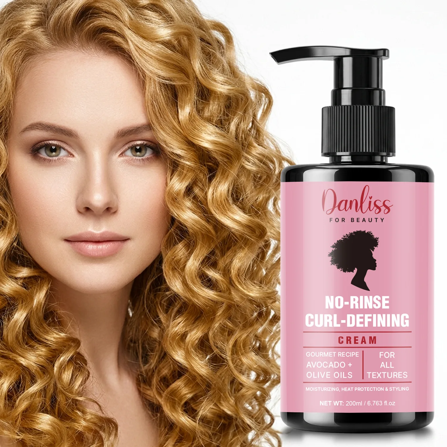 No-Rinse Curl-Defining Cream 200ml - With Avocado & Olive Oils - Moisturizing, Heat Protection & Styling for All Hair Textures