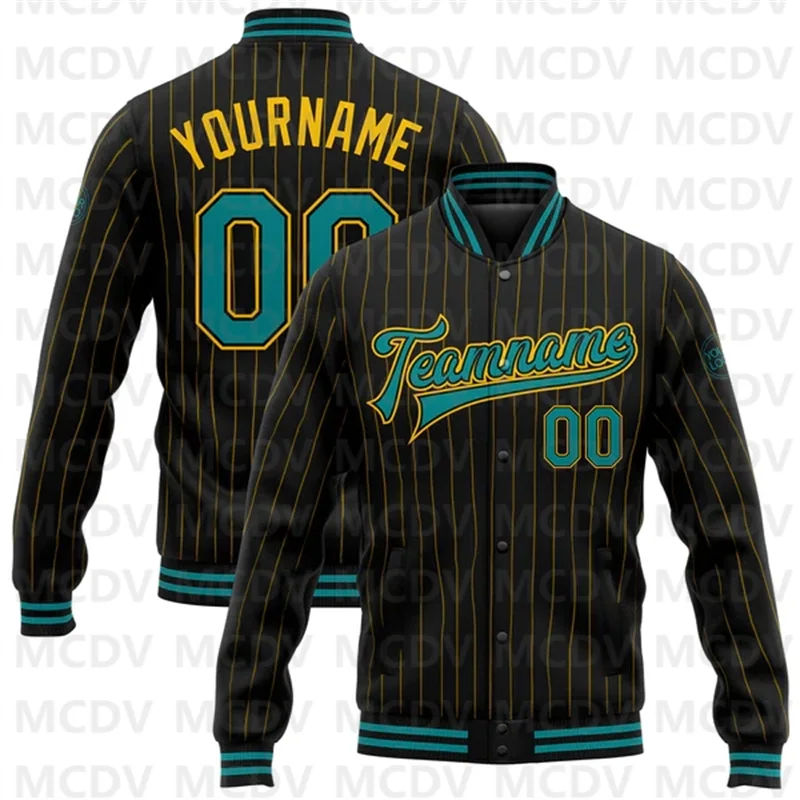 Kustom HITAM Pink Pinstripe Aqua Bomber Full-Snap Universitas Letterman jaket 3D dicetak kancing bisbol jaket