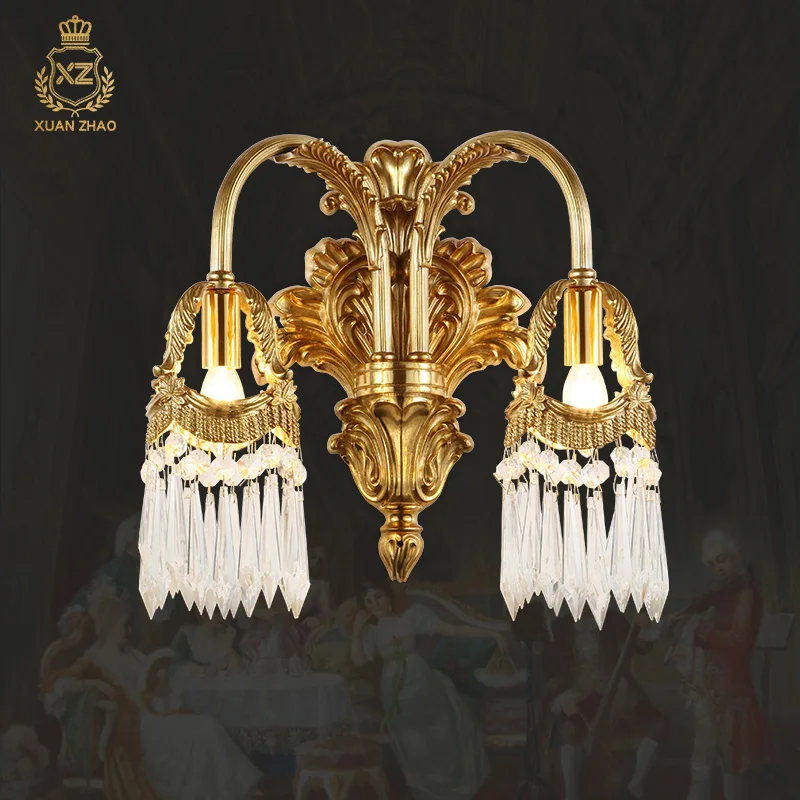 European Antique Bedroom Bedside Wall Lamp French Luxury Hotel Corridor  Decoration Crystal Double Head Wall Lamps