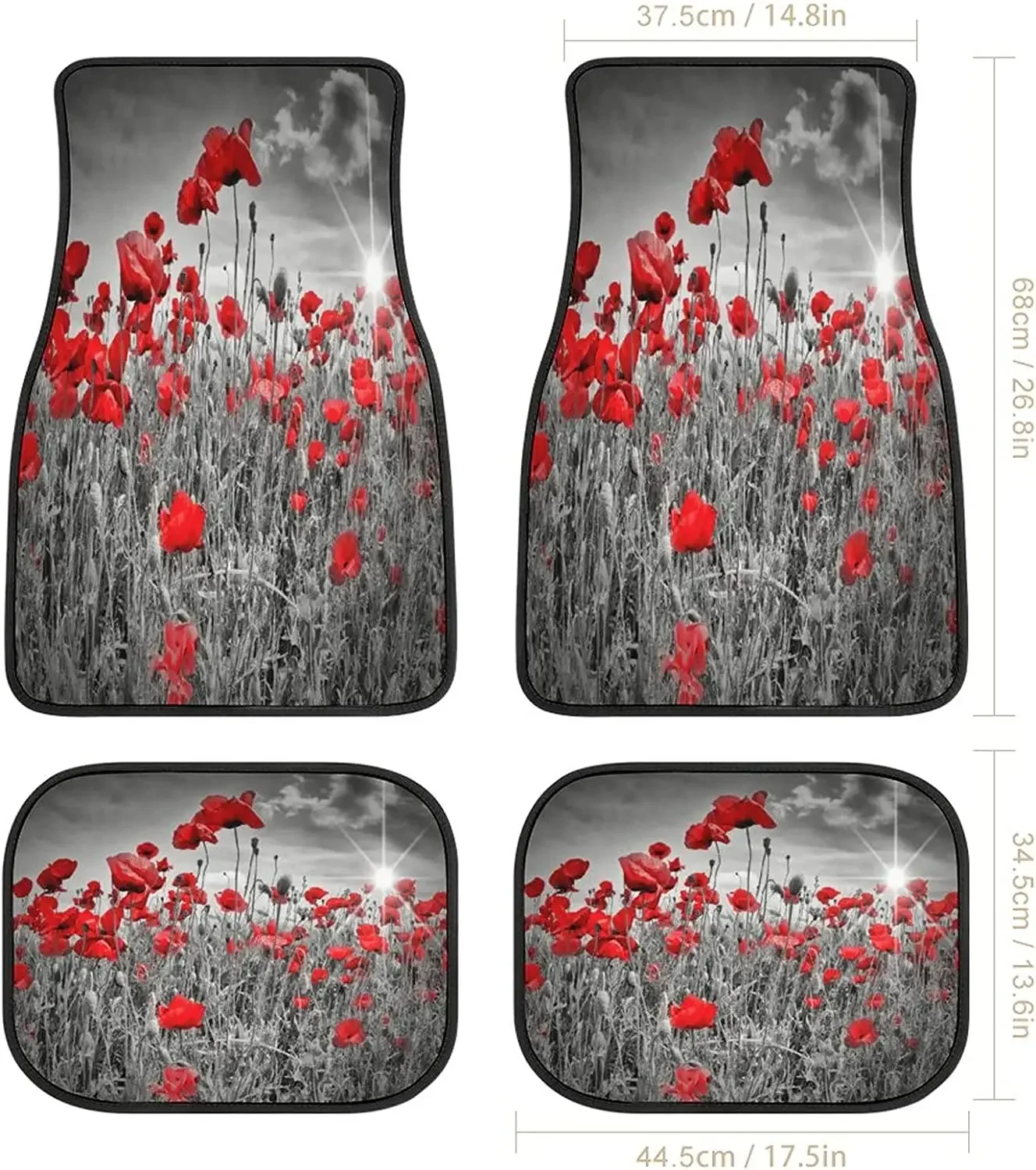 Poppy Field Black and White Art Car Mats Front&Rear 4-Piece Full Set Carpet Car SUV Truck Floor Mats with Non Slip Back