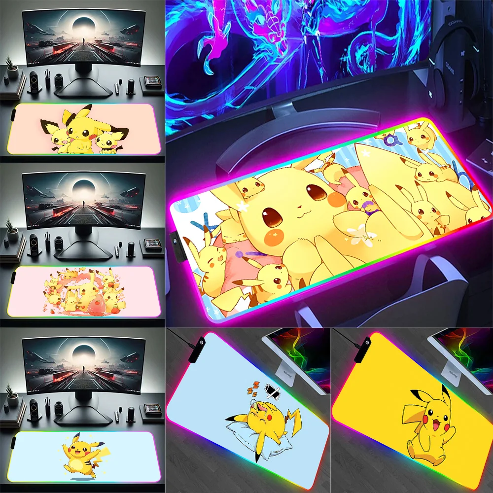 

RGB Pc Gamer Keyboard Mouse Pad Cute cartoon Pikachus Mousepad LED Glowing Mouse Mats Rubber Gaming Computer Mausepad