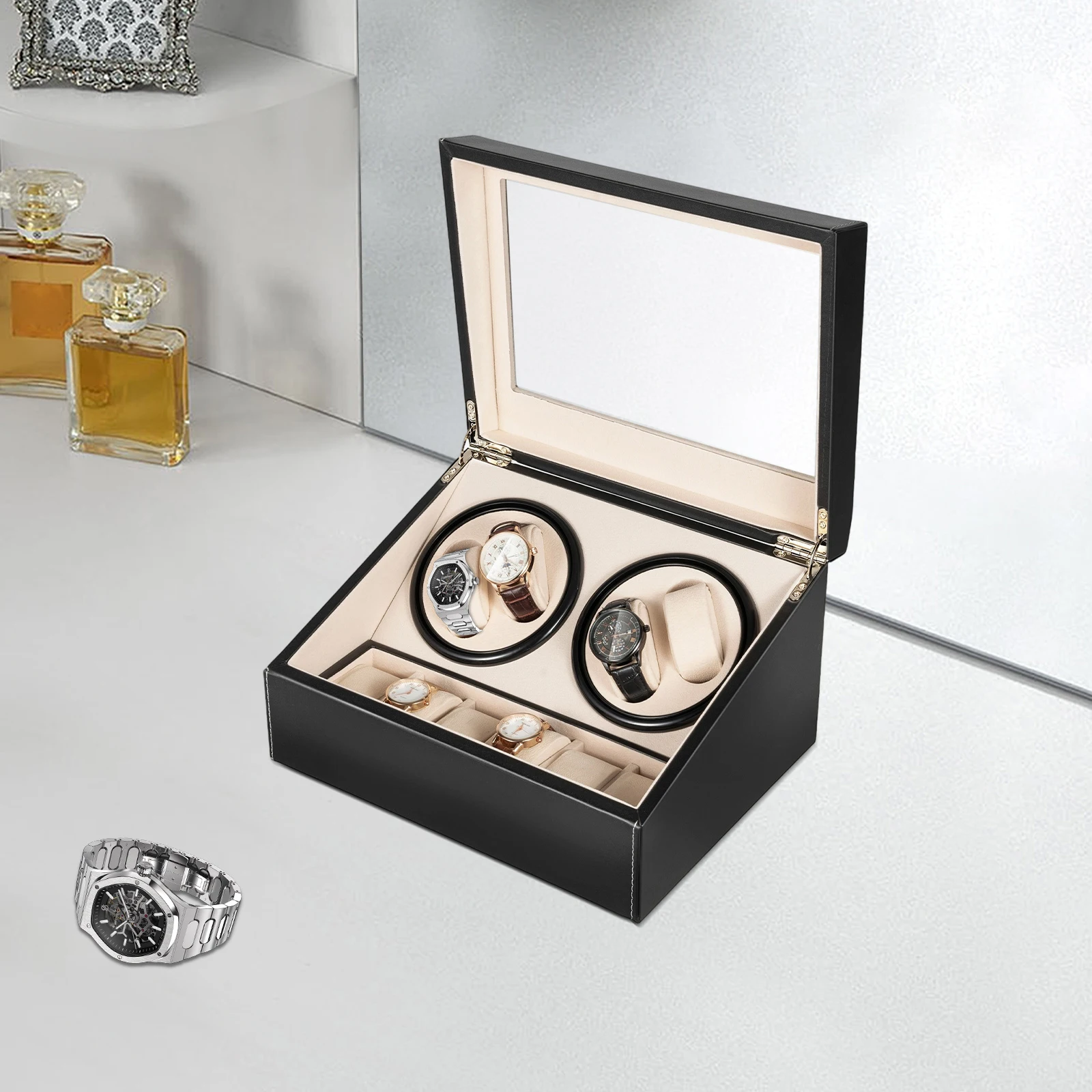 صندوق ملفاف ساعة أوتوماتيكي بمحرك هادئ مع 6 وسائد صلبة، صندوق عرض متعدد الوظائف لخزانة المنزل ومحبي الساعات