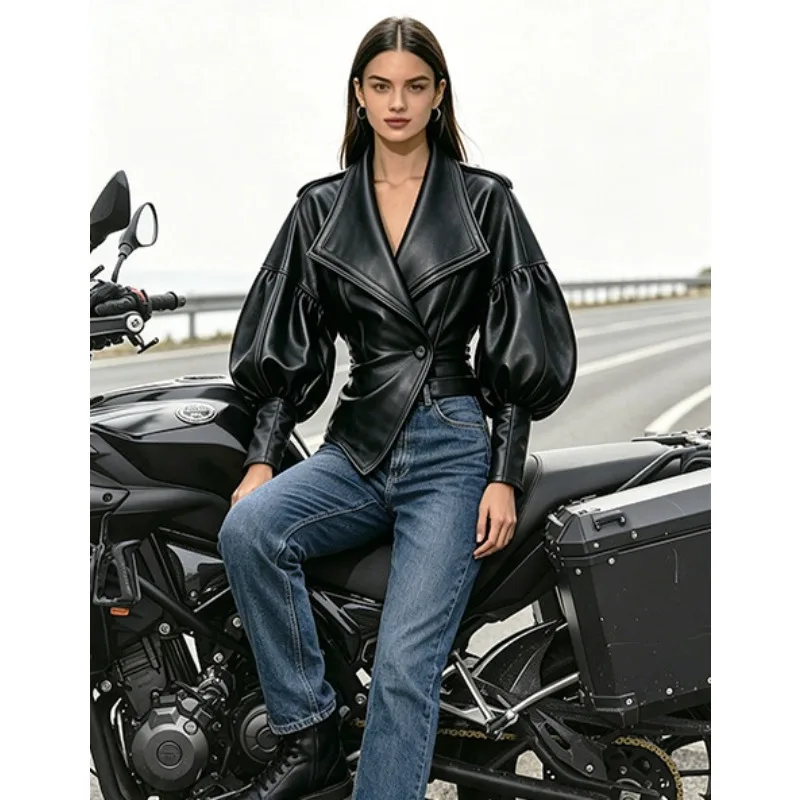 European and American  Large Lapel Lantern Sleeve Cinched Waist Faux Leather Jacket, Pleated Slimming Motorcycle Leather Jacket