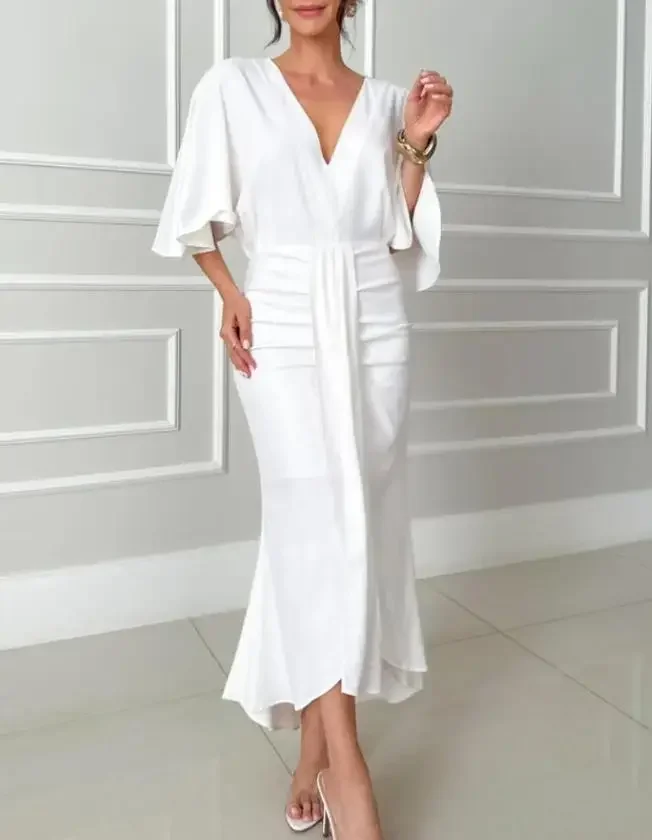 

2026 New Elegant V-Neck Sleeve Hollow-Out Pleated Fishtail Dress