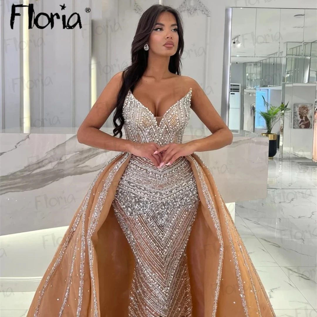 Dubai Heavy Champagne 2 Pieces Evening Dresses Detachable Train Wedding Party Gowns For Women Bespoke Occasion Dresses Luxury