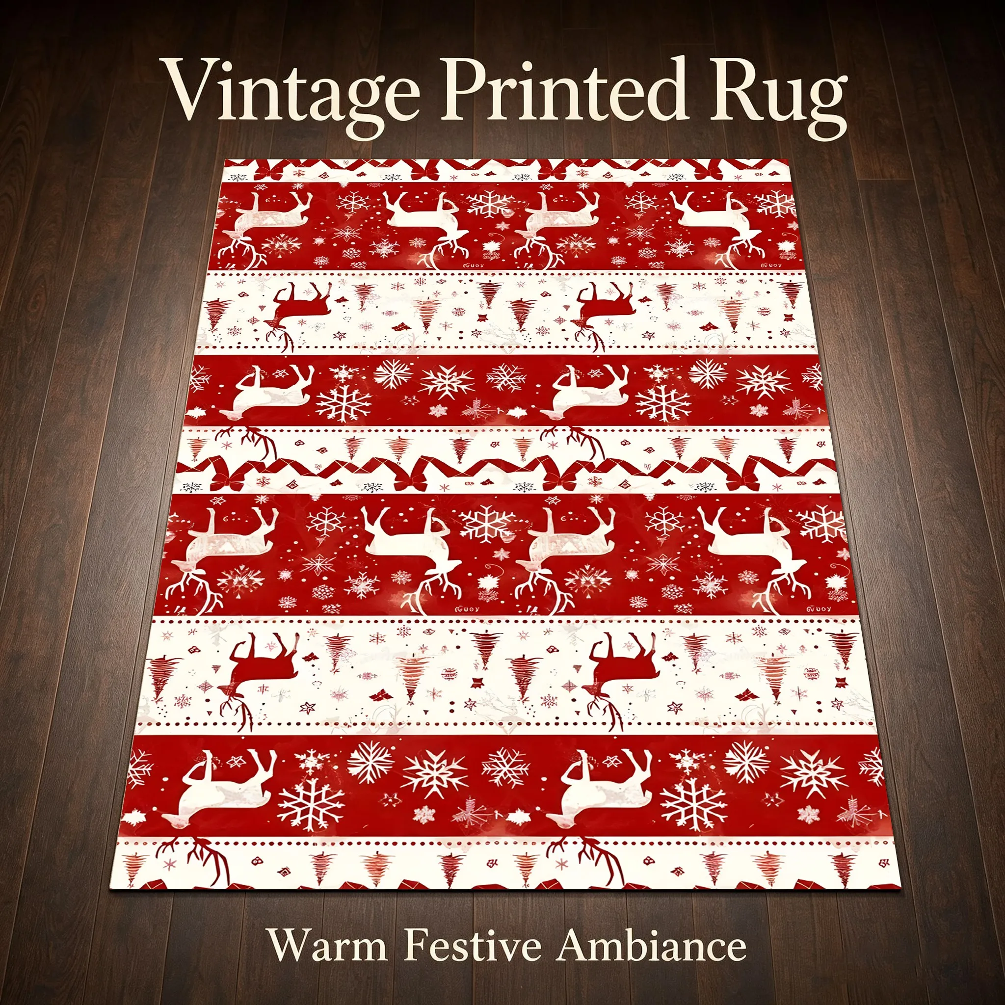 Reindeer Snowflake Red and White Striped Nordic Retro Style Christmas Rug, Suitable for Living Room, Bedroom, and Entryway, Creating a Warm Autumn/Winter Atmosphere