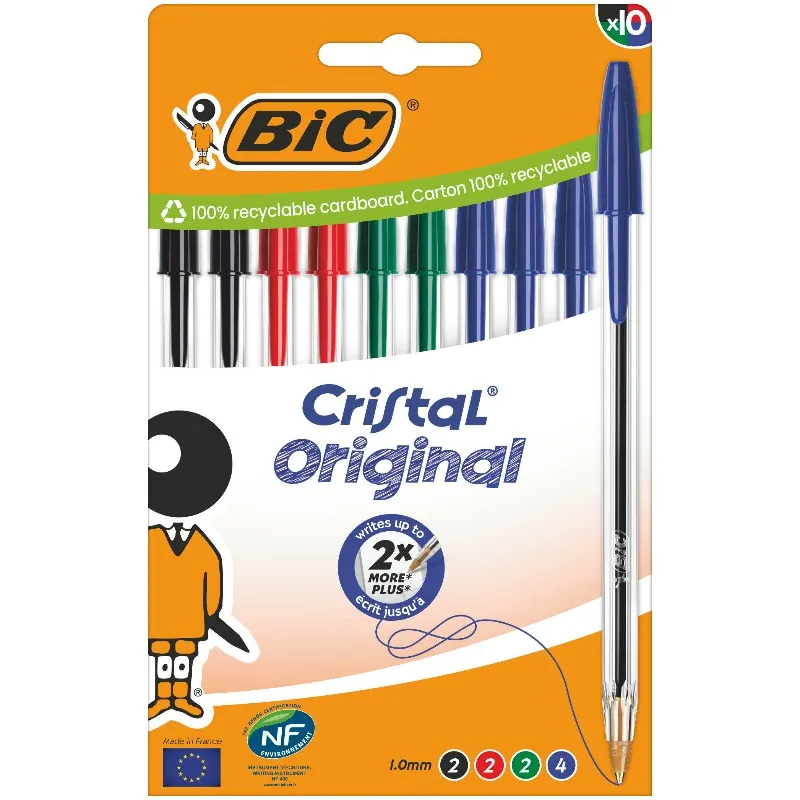 Bolígrafo BIC Cristal Barato en Oferta, Bolígrafo de Punta Redonda, Negro, 1.0/0.8mm, Negro, Rojo, Azul-Verde, 4/10 Piezas, Bonitos Bolígrafos de Gel de Papelería