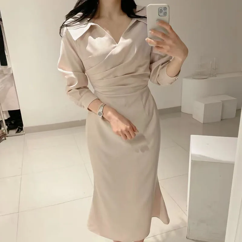 우아한 봄 신상 여성 드레스 퍼프 소매 벨트 슬림핏 V넥 롱 스커트 한국 스타일 하이웨이스트 셔츠 드레스