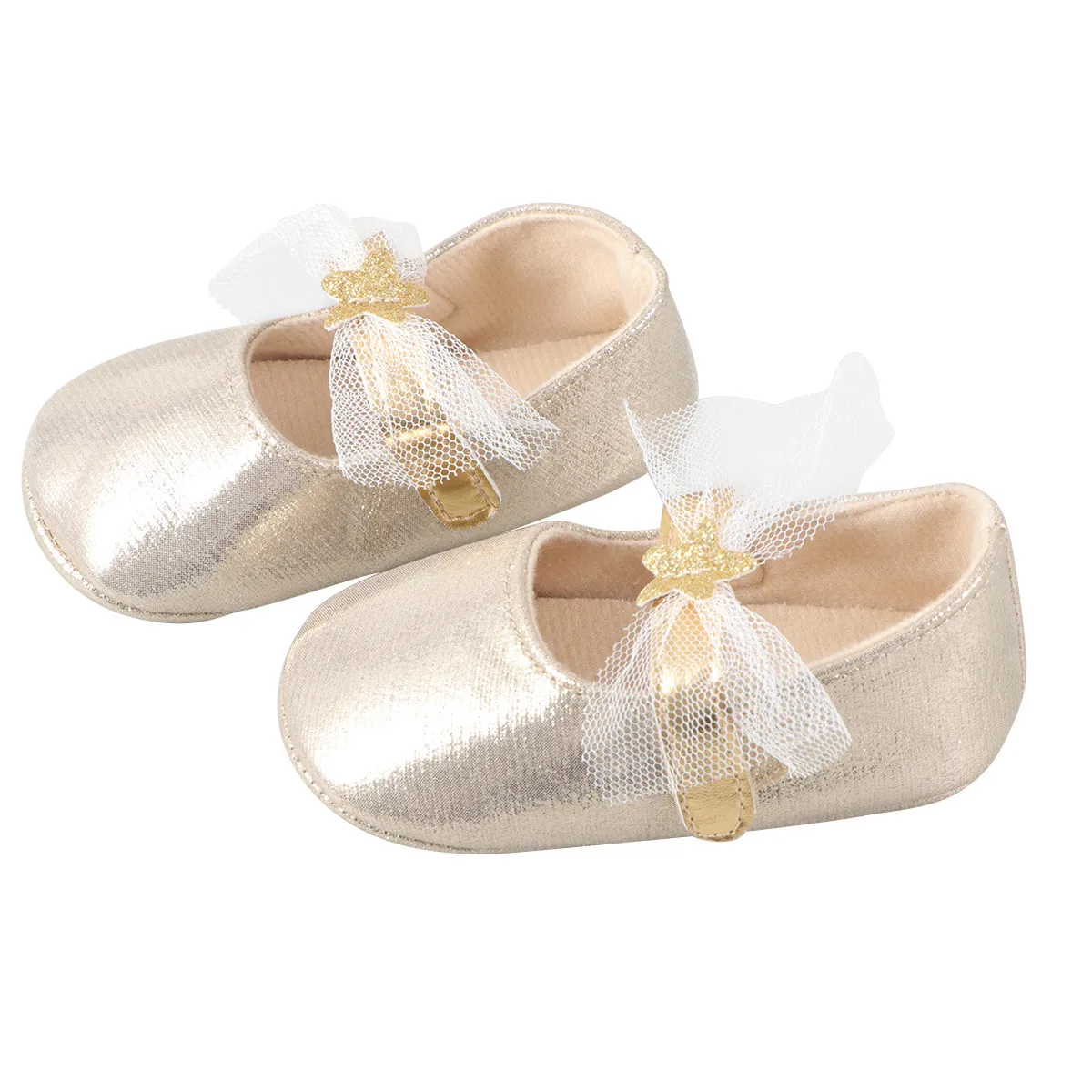 Baby Walking Shoes Golden 12Cm Lace Star Decor Pu Flat Ballet Style First Walker Toddler Girls Soft Comfortable Shoes