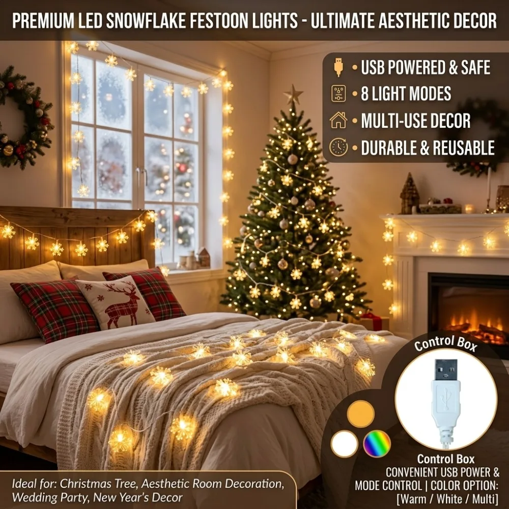 LED String Snowflake Festoon Lights USB Powered Warm White Color Christmas Tree, Aesthetic Room Decor, Wedding Party, New Year