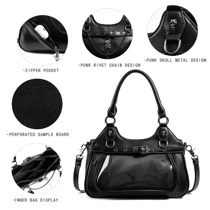 Gothic Ita Bag Vintage PU Leather Shoulder Bag with Clear Pin Window Dark Academia Crossbody Handbag for Women Anime Fans