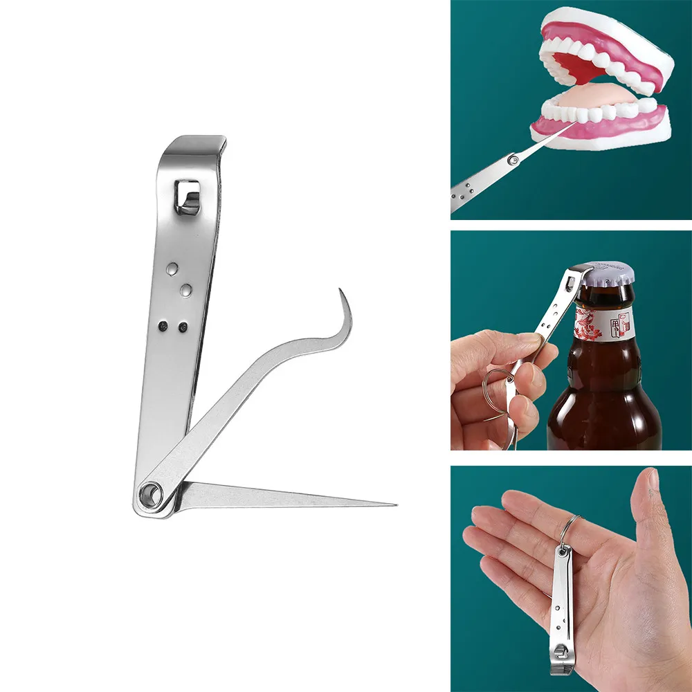 Palillo de dientes plegable multifuncional para acampar al aire libre, abrebotellas, juego de tenedor de fruta, herramienta de dientes antienchufe de Metal