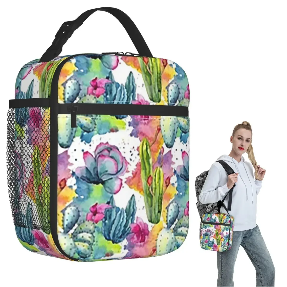 Exotic Wildflower Cactus Pattern Watercolor Style Stylish Insulated Lunch Bag for Women Children Food Boxes Thermal Lunch Box
