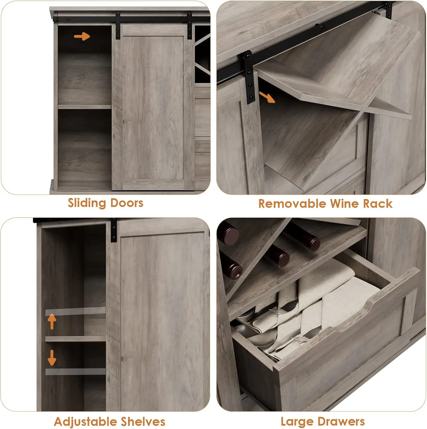 Aparador Buffet Farmhouse, Coffee Bar Cabinet com Armazenamento, Liquor Wine Cabinet com portas deslizantes de celeiro