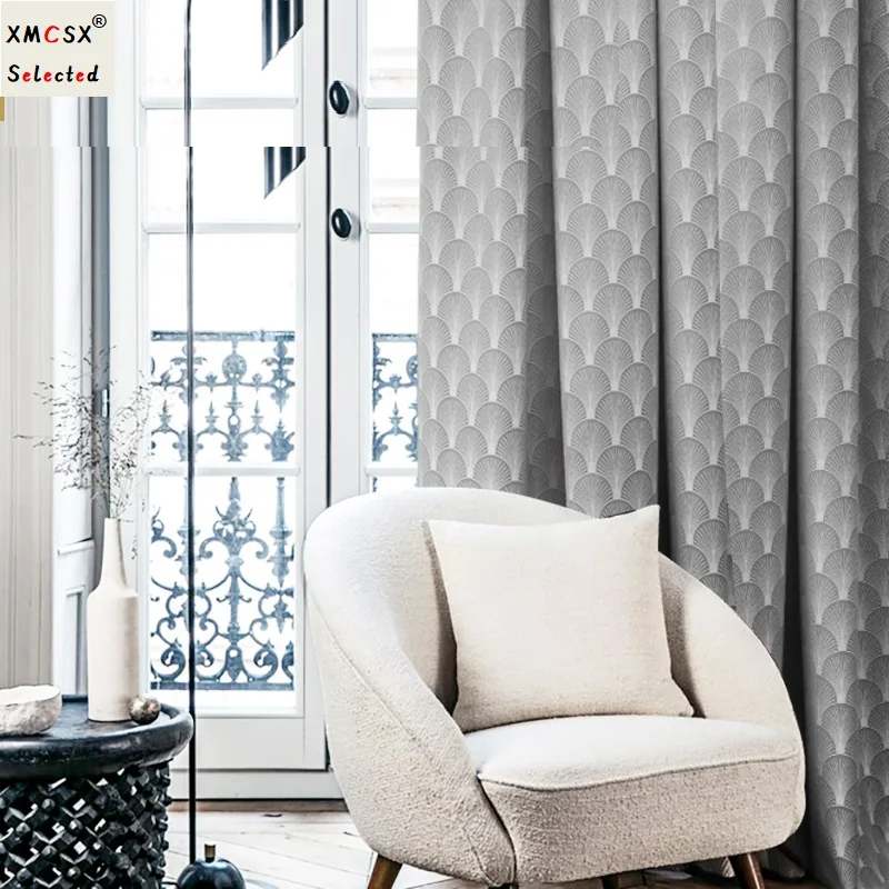 

Super Height Fashion Silver Blackout Curtains for Living Room Bedroom Luxury Fan Jacquard Hall Window Drapes High-end Fabrics