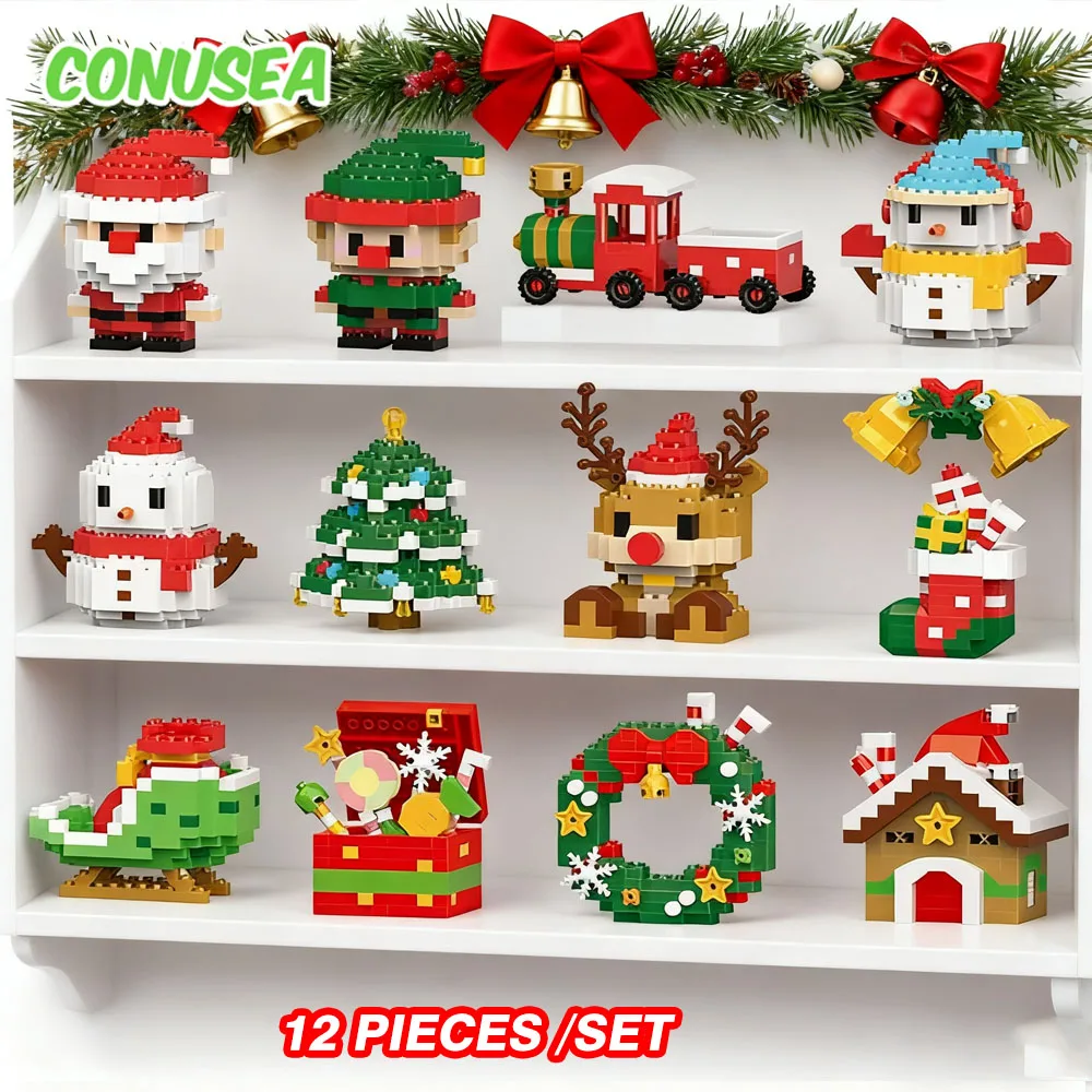 

Christmas Gifts 12 Pieces set Micro Building Block Series Santa Claus Reindeer Puzzle DIY Assembling Bricks Table Decoration toy