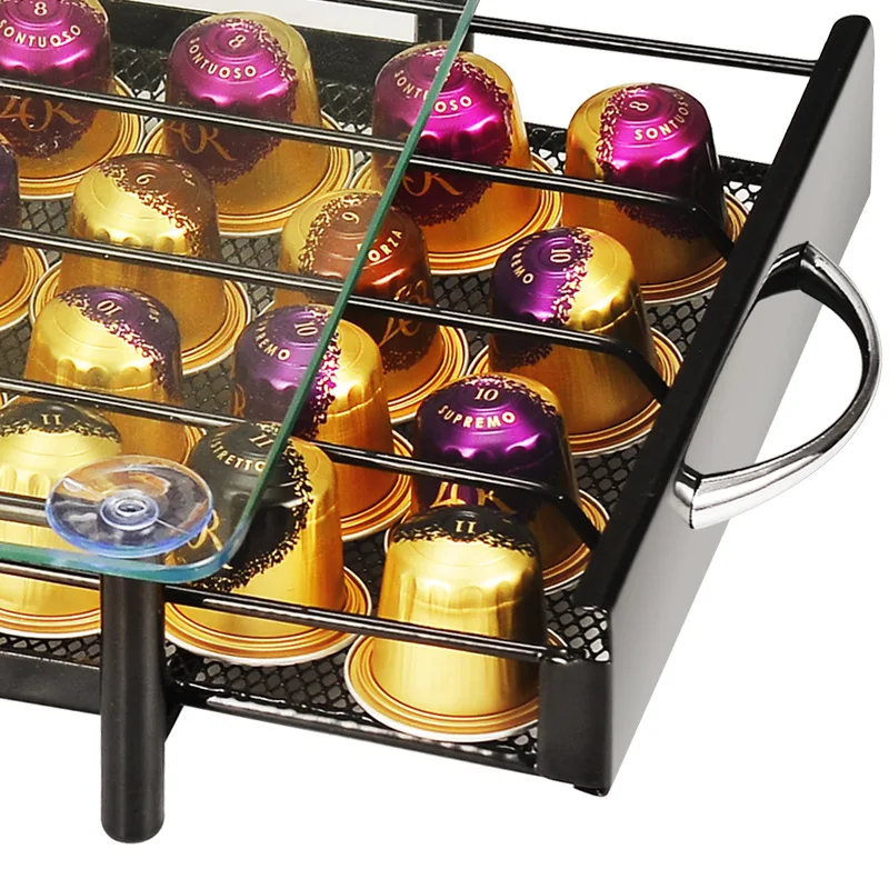 

40 pcs Pods Coffee Pod Holder Storage Drawer Coffee Capsules Organizer for Nespresso Armoured Glass Shelves Capsules Organizer