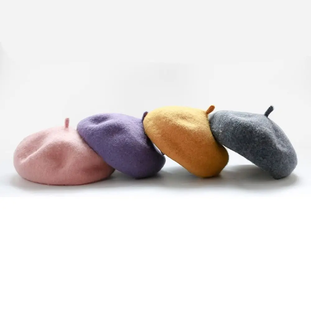 

Kid Thicken Winter Warm Hat Flattish Cap Solid Color Kids Caps Woolen Girl Beret Baby Wool Hat Children's Caps Children's Beret