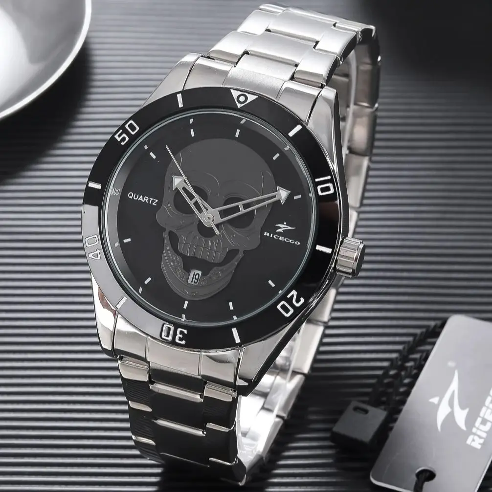Skull patterned quartz watch, stainless steel strap+dial ring, with calendar display function, personalized and trendy design, s