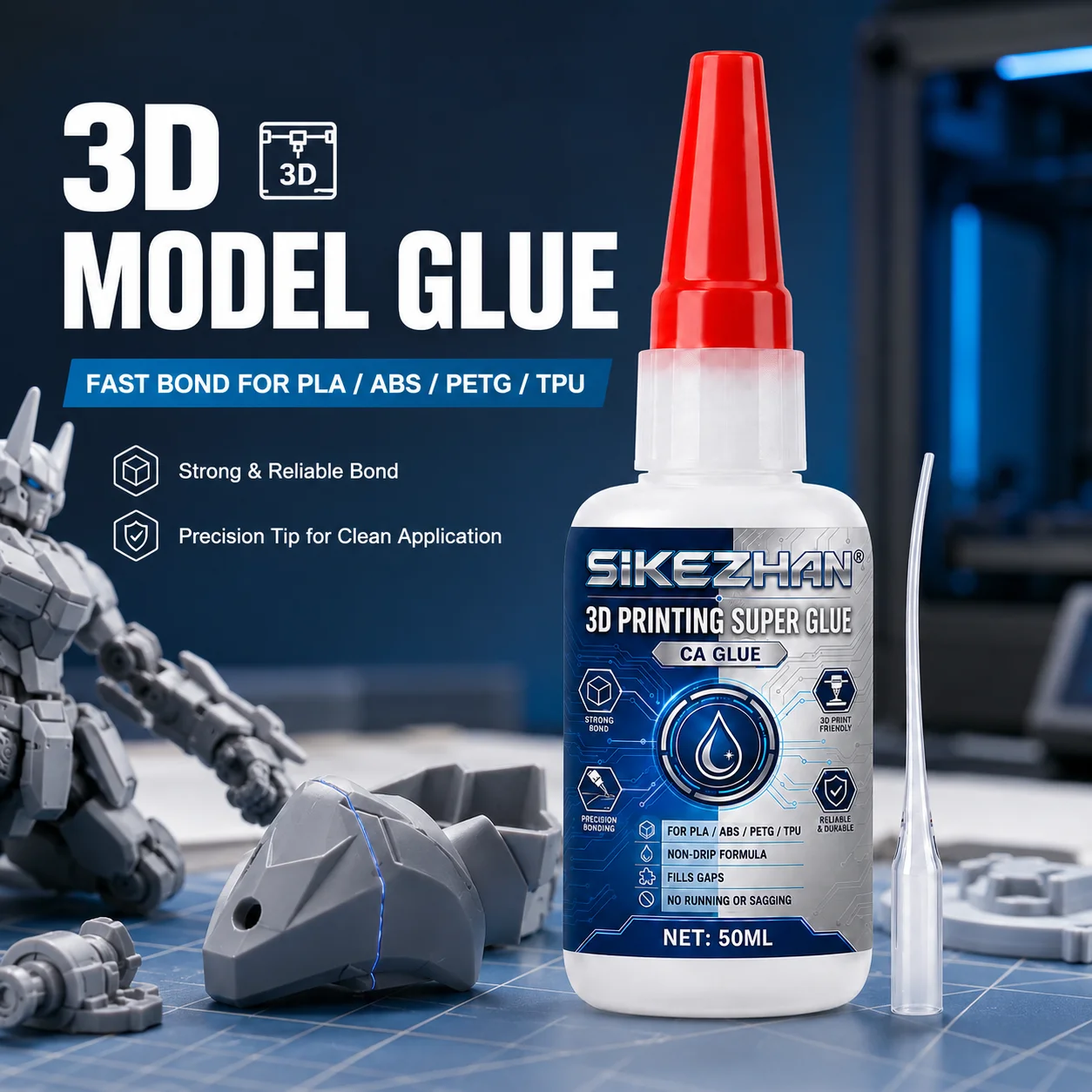 SIKEZHAN 3D Printing Super Glue 50ml CA Adhesive Strong Bond Non-Drip Precision Tip for PLA ABS PETG TPU Gap Filling Fast Dry