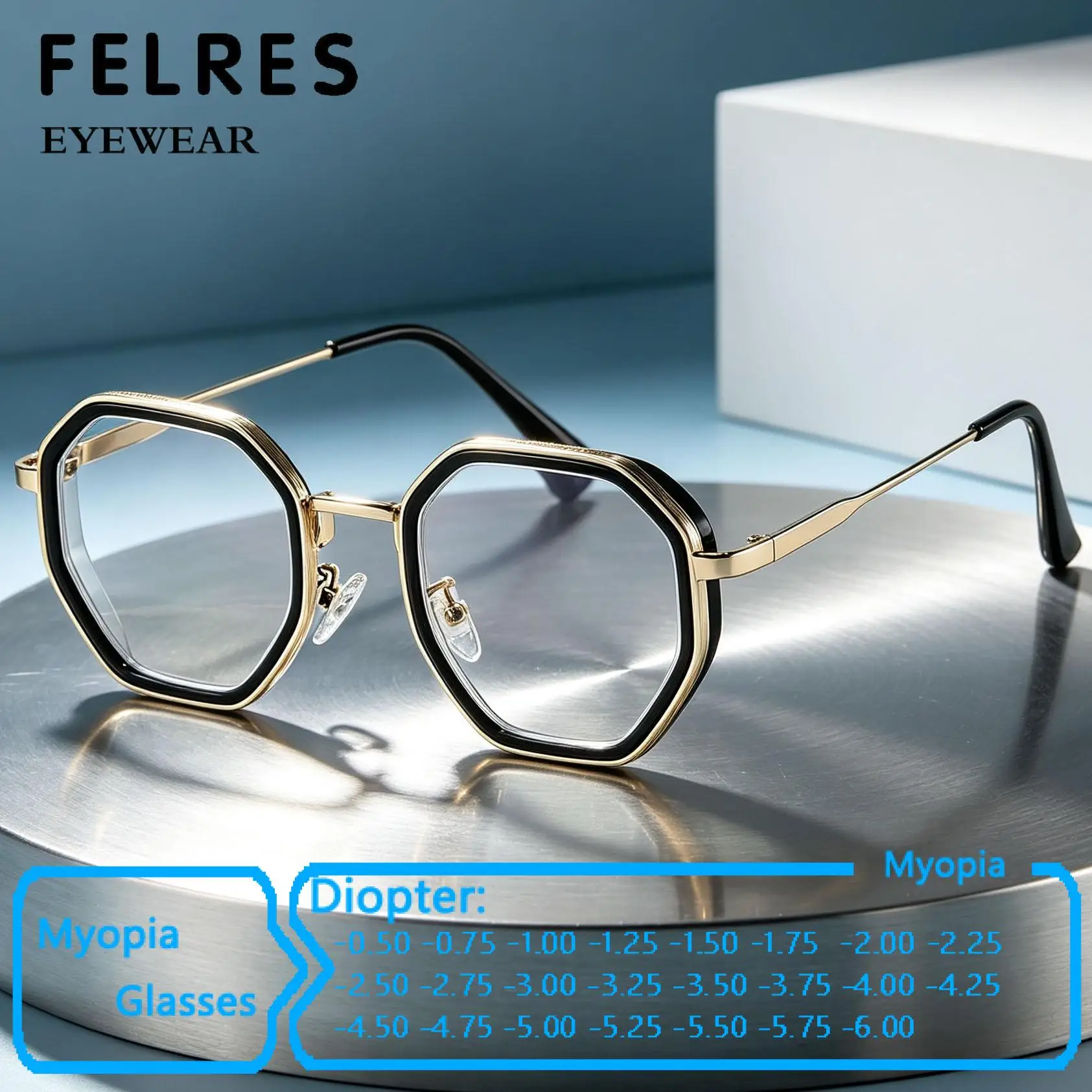 Men Women High Quality Metal Irregular Anti Blue Light Myopia Glasses Clear Optical Nearsighted Eyewear Negative Diopter Lenses