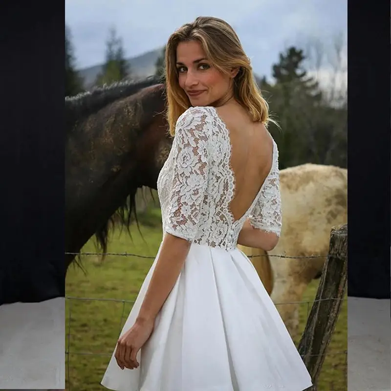 Customized Short Wedding DressRobe De Soiree Vestidos Lace Knee Length Bride To Be  Mariage Half Sleeves